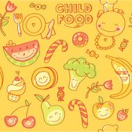 Child food set of seamless colorful fruits with yellow background