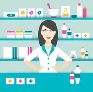 Young pharmacy chemist girl standing in drugstore Flat vector N2