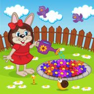 rabbit girl watering flowers in flowerbed