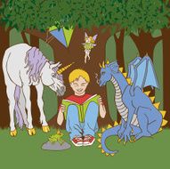 Boy Reading Book to Fantasy Creatures