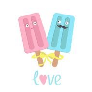 Funny ice cream couple with lips mustaches and eyes