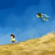 Boy running with a flying kite