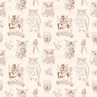 Vintage seamless pattern with Owls Light background