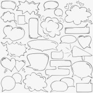 Speech bubbles with hearts and clouds hand drawn