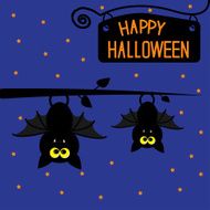 Two hanging bats at night Happy Halloween card