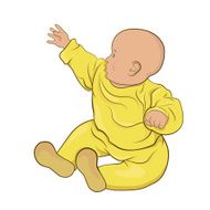 The baby in yellow pajamas sitting