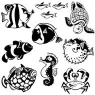 black and white set with cartoon fishes