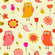 Seamless pattern with cartoon owls and flowers