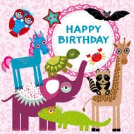 Funny animals party card design on a pink floral background