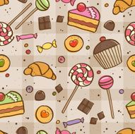 Seamless pattern with different sweets on tablecloth in beige color
