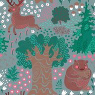 Seamless pattern with deer bears in the woods N4