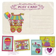 Vintage Party Postcard and Circus Postage Stamps