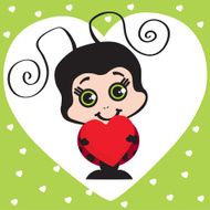 Cute ladybug cartoon character on big heart