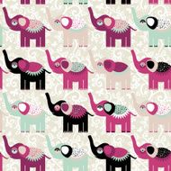 Cheerful seamless pattern elephants and flowers Purple black bl