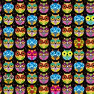 Seamless pattern with bright colored owl on a black background