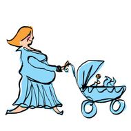 Happy pregnant mother in cyan dress pushing baby boy stroller