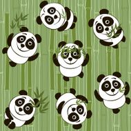 Seamless pattern with cartoon pandas on the background of bamboo