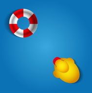 Duck and rescue wheel on blue background - vector illustration