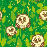 Seamless pattern with funny big-eyed owl green background Vector