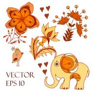 Set with elephant bird and flowers