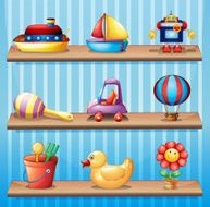 Three wooden shelves with different toys