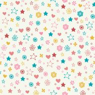 Seamless doodle pattern with colorful flowers stars hearts