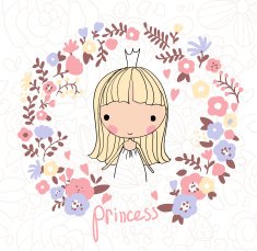 Cute small princess Childish vector card in beautiful flowers N3
