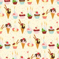 Seamless festive birthday cakes and ice-cream pattern Flat sty N2