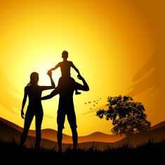 Young Family Watching A Sunset