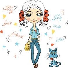 Vector fashion pretty girl with kitten