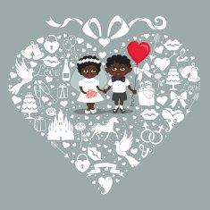 Wedding elements in hearts composition with baby bride and groo N2