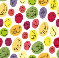 hand drawn doodle fruits on colorful dots seamless pattern