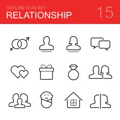 Relationship vector outline icon set