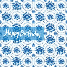 Happy Birthday Card Vintage shabby Chic blue flowers Russian Gzhel