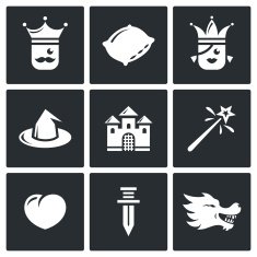 Sleeping Beauty tale about a kingdom and magic icons set