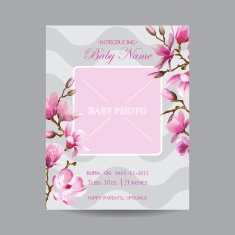 Baby Arrival Card with Photo Frame - Magnolia Flowers Theme