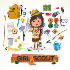 girl scout character with camping equipment concept