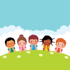 Children boys and girls lying on the grass