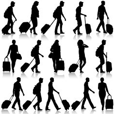 Black silhouettes travelers with suitcases
