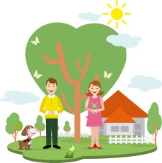 Happy family against a landscape and the house N5