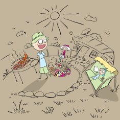 Family picnic in the garden of house