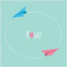 Paper airplanes circle red heart in center