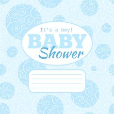 Vector blue baby shower party invitation (boy) with doodled swirles