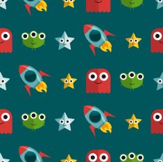Seamless pattern with aliens and rockets