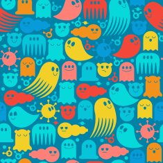Cute monsters seamless pattern - red blue green and gray