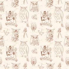 Vintage seamless pattern with Owls Light background