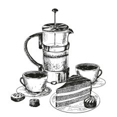 Teapot cup and chocolate cake