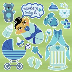 Cute elements for Asian newborn baby boy Strips background