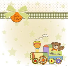 baby shower card with teddy bear and train toy N9
