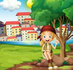 girl sitting above the rock under tree
